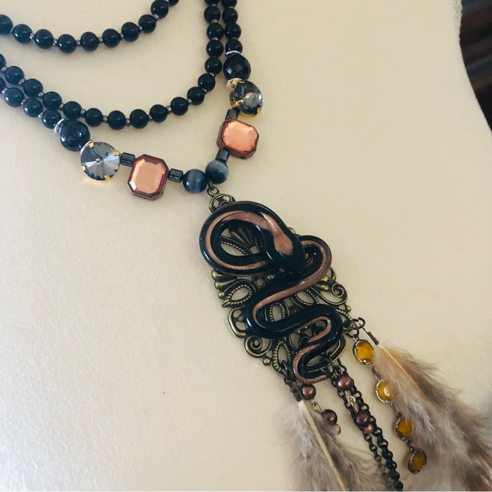 Handmade Handcrafted filigree snake Czech Pearl genuine onyx necklace Size ONE SIZE - 5 Thumbnail