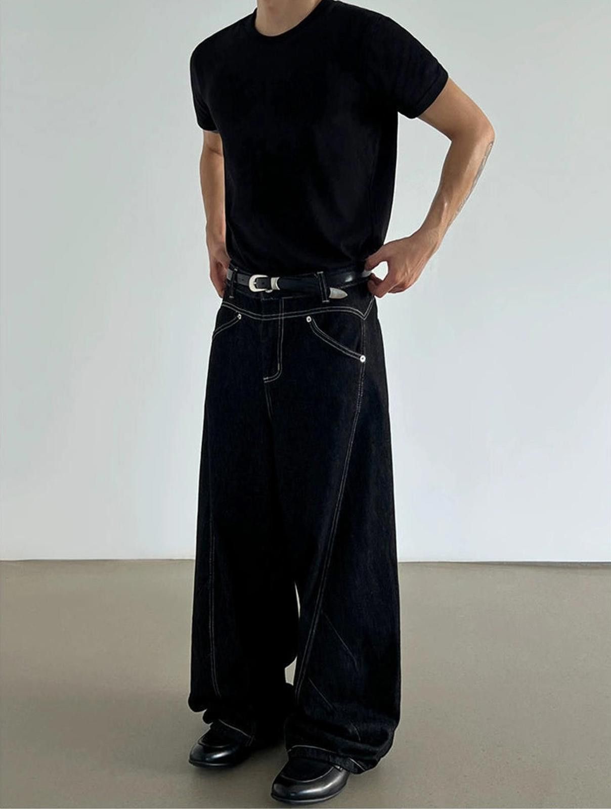Vintage Black Wide-Leg White Stich Detailing Jeans Size US 30 / EU 46 - 6 Thumbnail