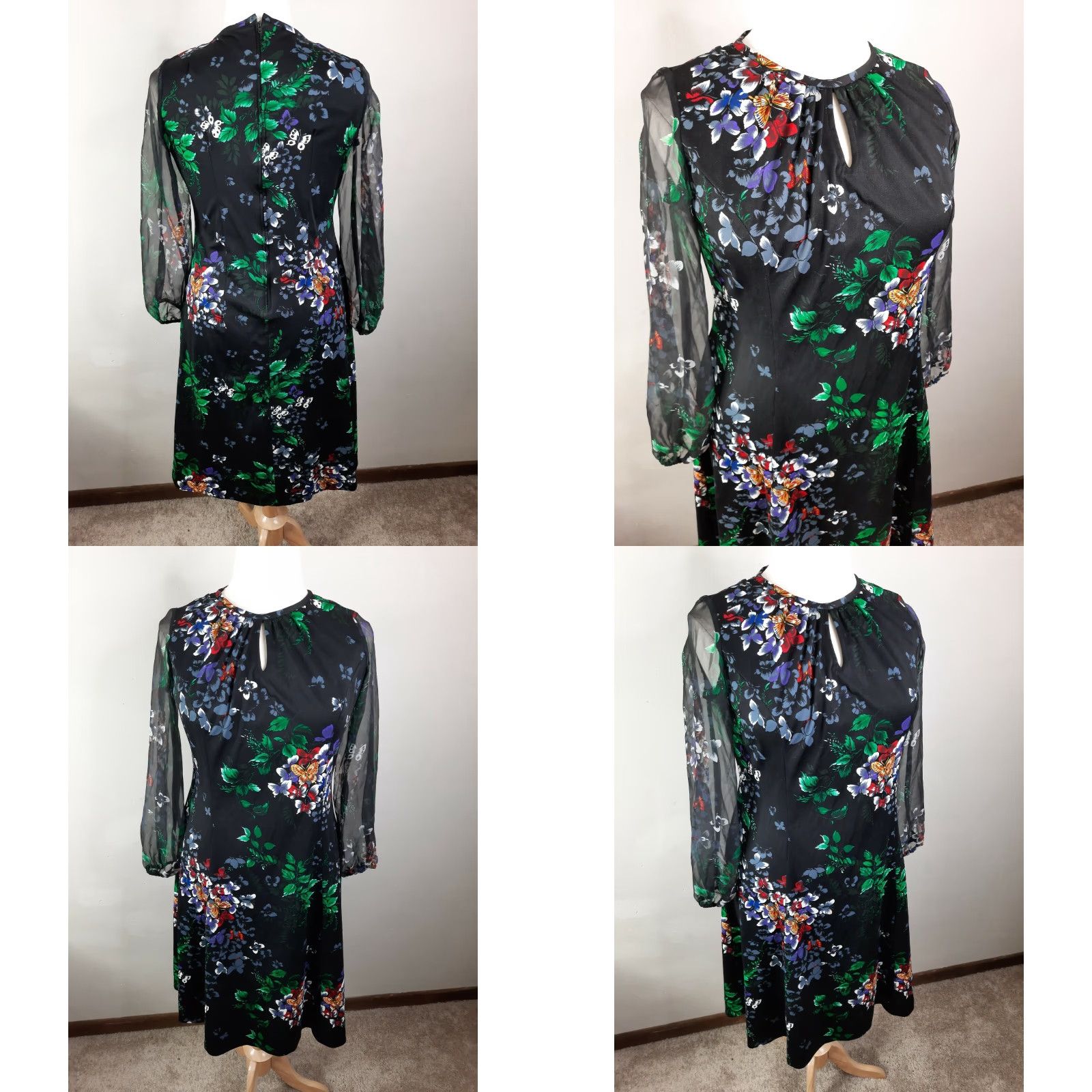 Vintage D2S Vtg mod Floral butterfly sheer Sleeve Sheath Dress L/XL Black Size L / US 10 / IT 46 - 8 Thumbnail