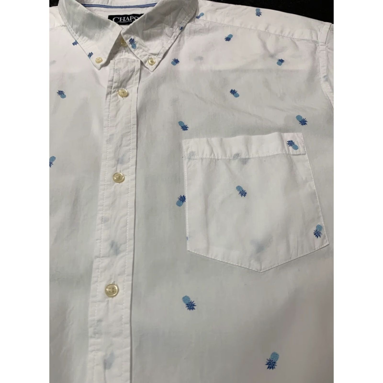 Chaps Chaps Button-Up Shirt Short Sleeve Cotton White with Blue Pineapple 2XLT Mens Size US 39 - 3 Thumbnail
