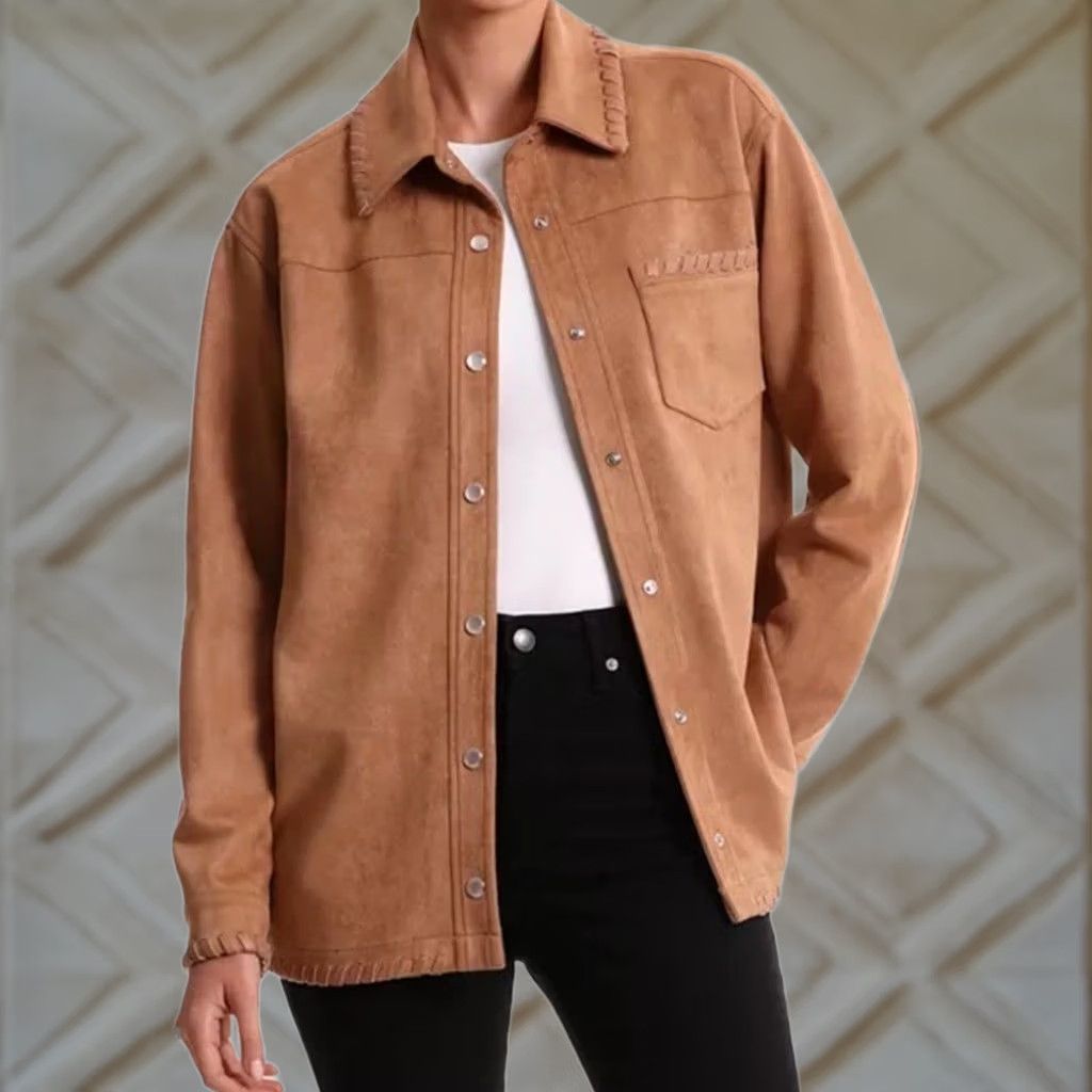 Vintage Bagatelle Shacket Western Shirt XS Long Sleeve Snap Front Faux Suede Tan Brown Women Quarter Whipstitch Button-Up Shacket Modern Basic Size XS / US 0-2 / IT 36-38 - 1 Thumbnail