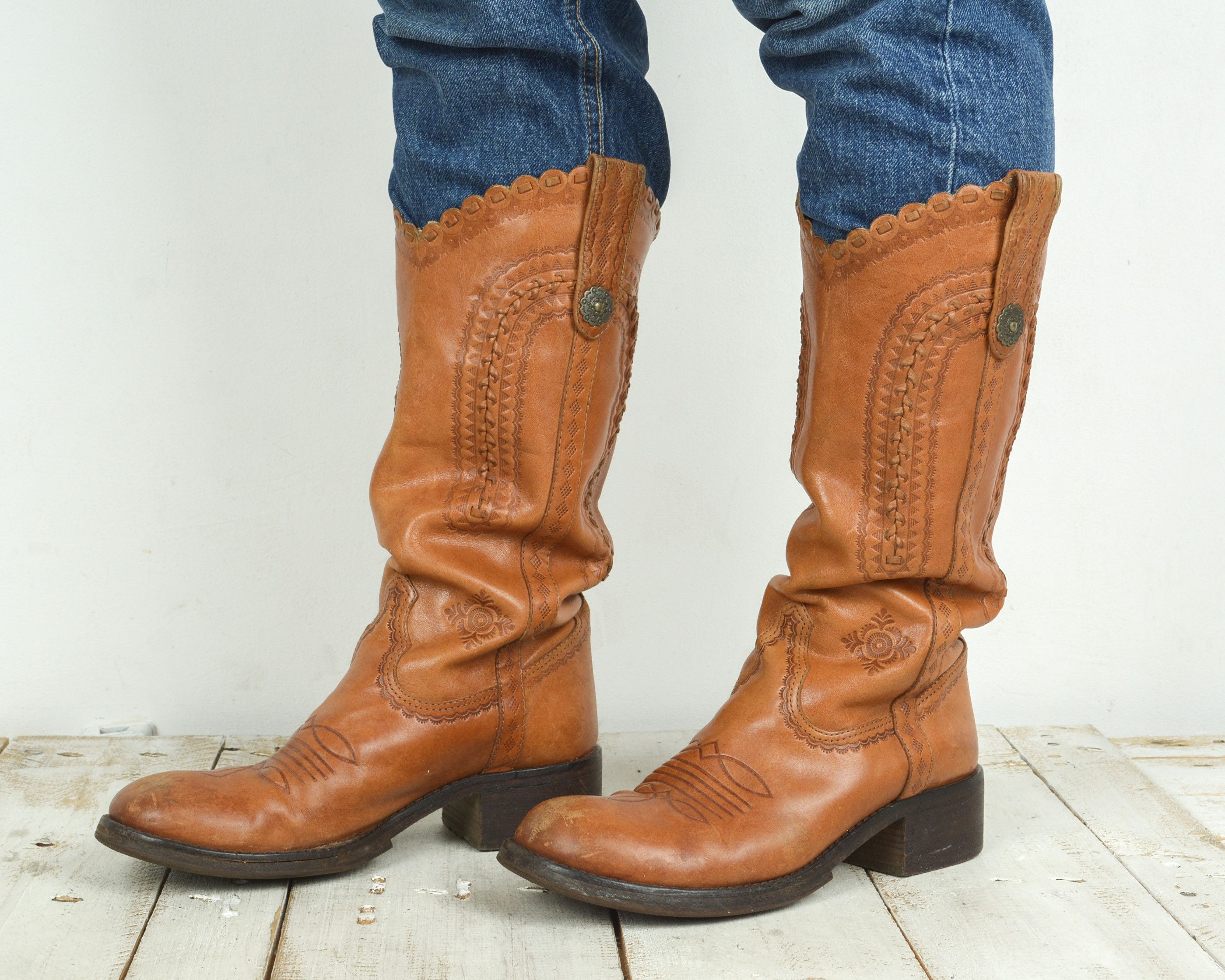 Handmade × Leather × Vintage ASK Boots Western Cowboy Pullons Eu 37 Shoes UK 4 vegetable Size US 6 / IT 36 - 1 Thumbnail