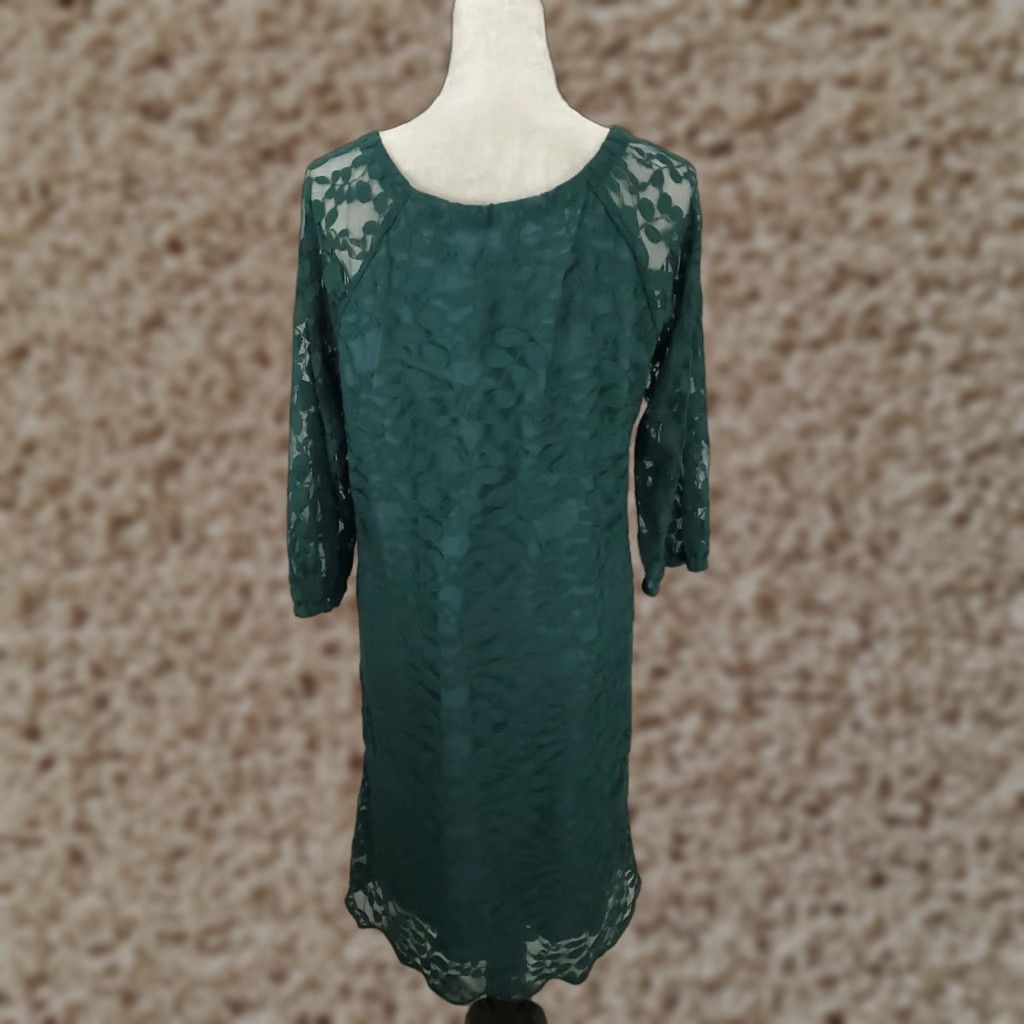 Vintage Garnet Hill Shift Dress Emerald Green Lace Overlay Knee Length Sheer Womens 14 Size XL / US 12-14 / IT 48-50 - 1 Thumbnail