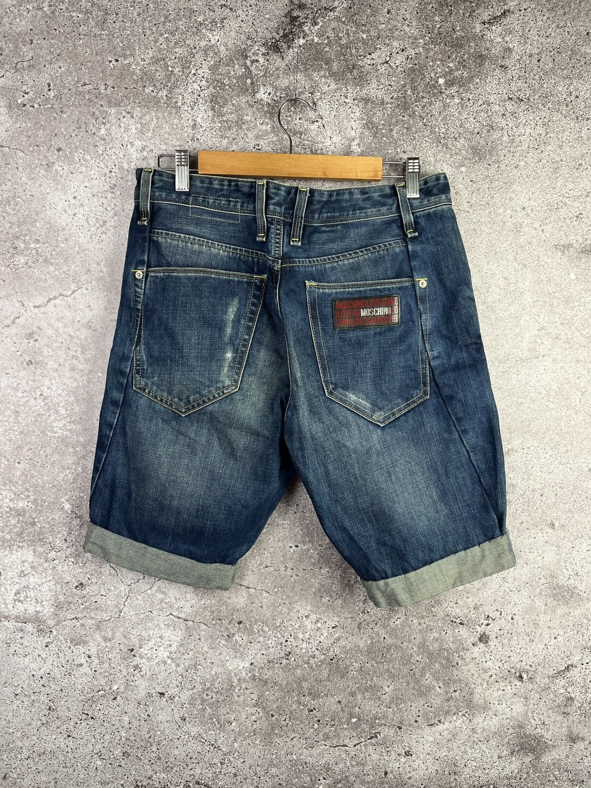 Moschino Denim Shorts Blue Distressed Logo Patch Streetwear Size US 34 / EU 50 - 2 Thumbnail