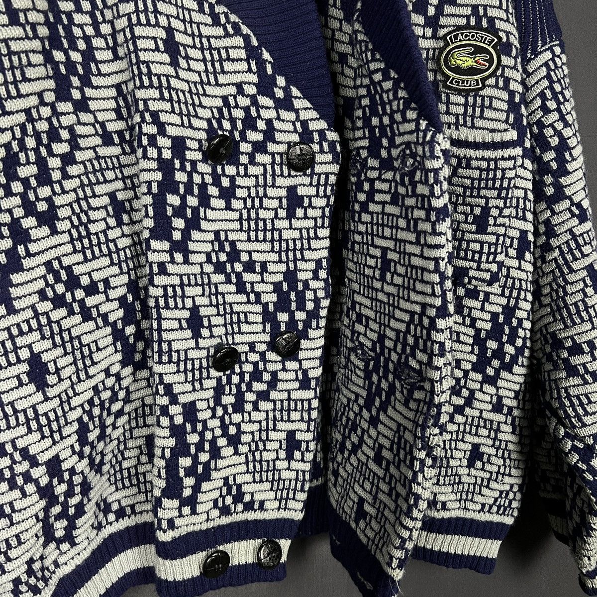 Lacoste RARE Vtg Lacoste Geometric Pattern Knit Cardigan Navy L Size US XXL / EU 58 / 5 - 9 Thumbnail