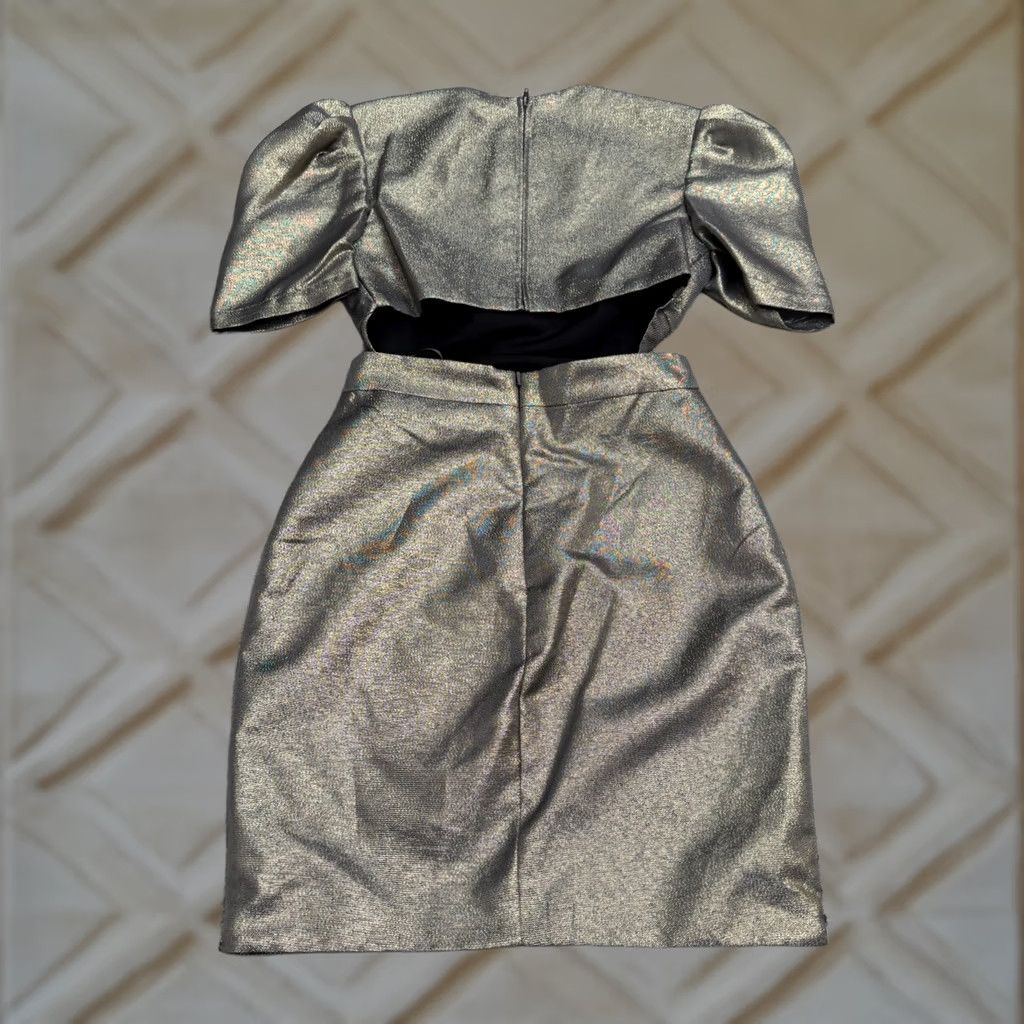 Mac Duggal Leena Mac Duggal Gold Mini Dress Womens 0 Puff Sleeve Cut Out Crew Neck Short Nylon Polyester Party Formal Confident Designer Glam 90s? Size XS / US 0-2 / IT 36-38 - 1 Thumbnail