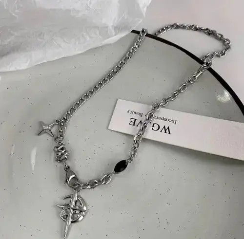 Avant Garde x Jewelry Cross Chrome Crescent Moon Chain Silver Goth Vibe Necklace, Men's