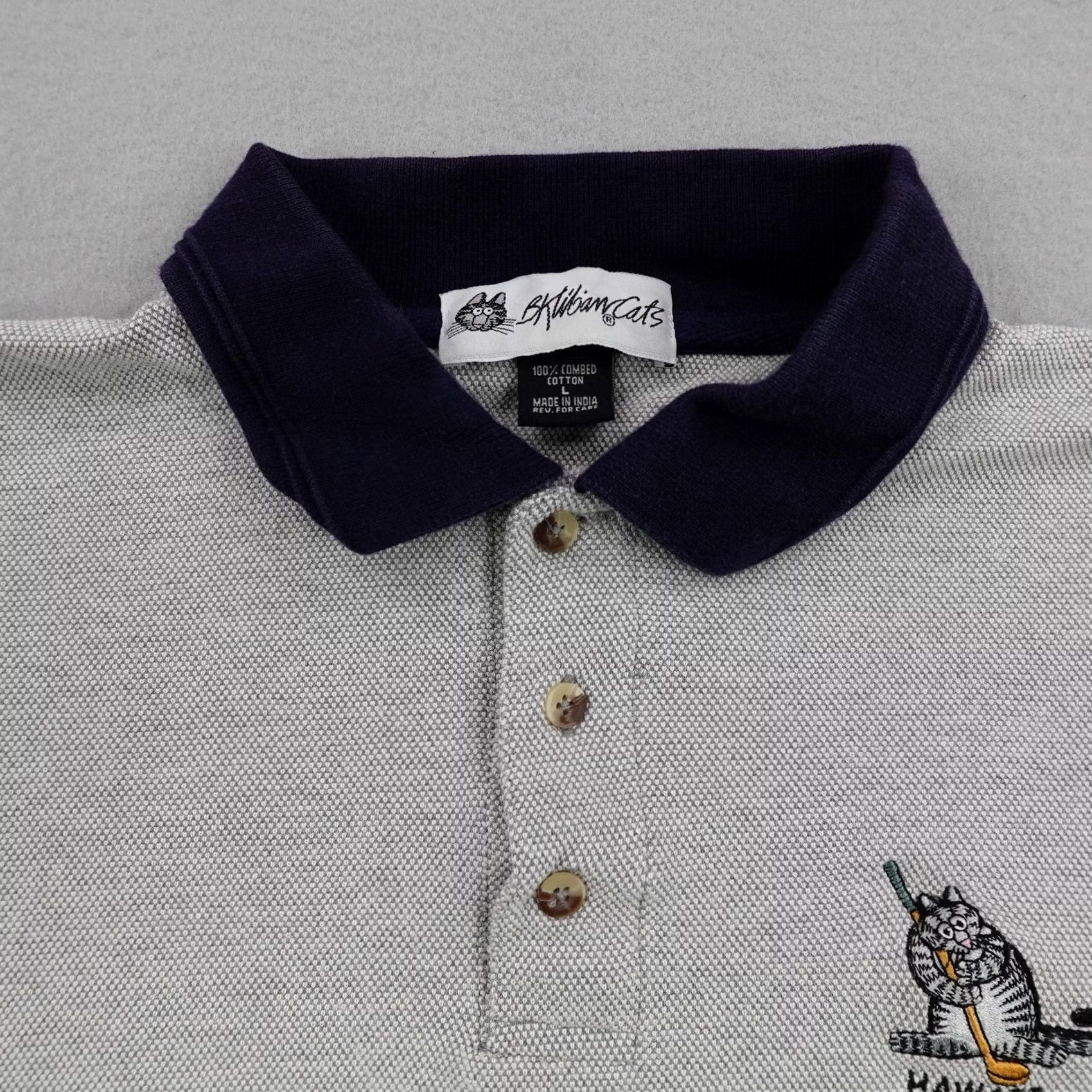 Vintage VINTAGE Shirt Mens L Gray Kliban Cat Polo Blue Hawaii Golf Pique Cotton Size US L / EU 52-54 / 3 - 2 Thumbnail