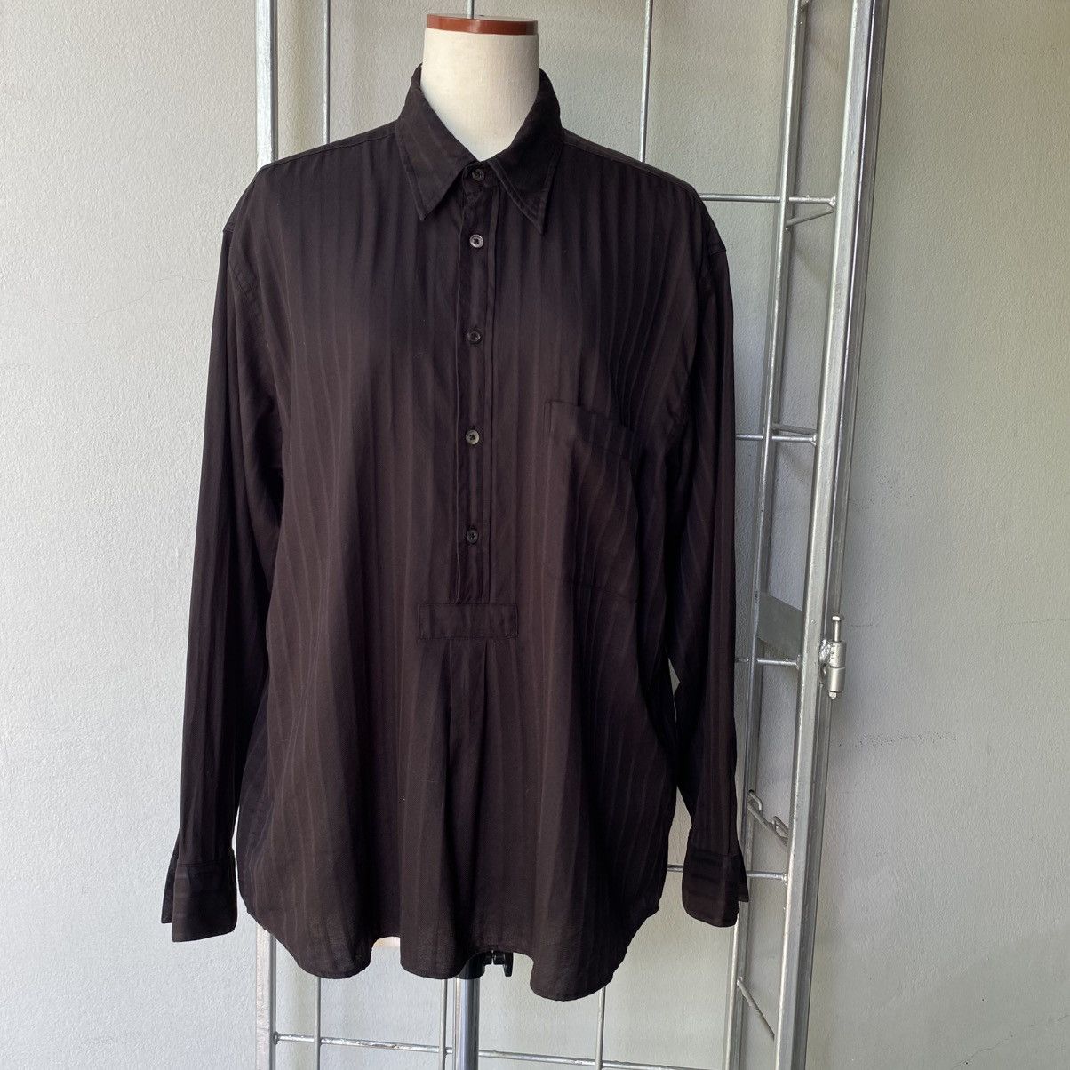 Paul Smith Paul Smith Dark Brown Half-Placket Pinstripe Shirt Size L / US 10 / IT 46 - 10 Thumbnail