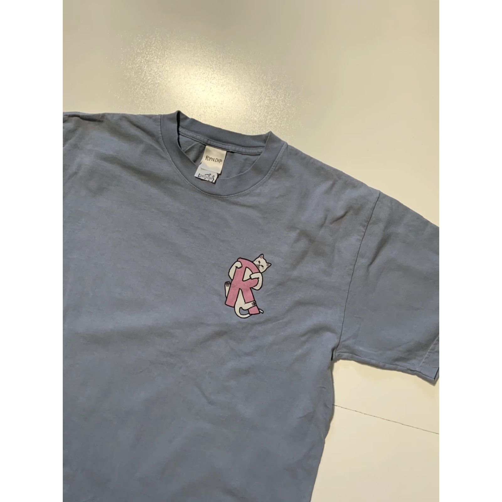 RIPNDIP RIPNDIP Lord Nermal Felt Graphic Cat Light Blue Crewneck Skate T-Shirt Sz. M Size US M / EU 48-50 / 2 - 4 Thumbnail