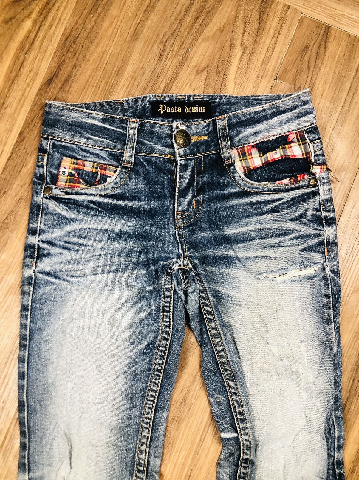 If Six Was Nine Pasta Denim Bootcut Distressed Jeans Plaid Patches (40) Size 26" / US 2 / IT 38 - 3 Thumbnail