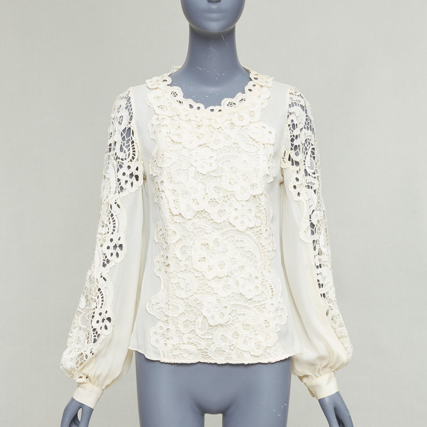 Oscar De La Renta OSCAR DE LA RENTA cream 100% silk floral lace appliqu√© peasant blouse US2 S Size S / US 4 / IT 40 - 1 Thumbnail