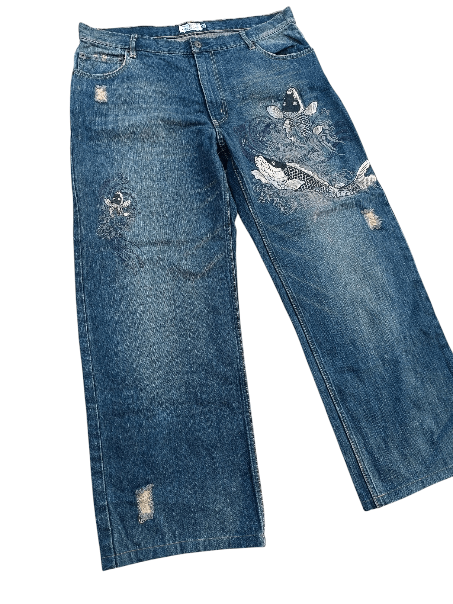 Japanese Brand 🔥DOPE🔥Karakuri Distressed Koi Fish Embroidery Jeans Size US 36 / EU 52 - 15 Thumbnail