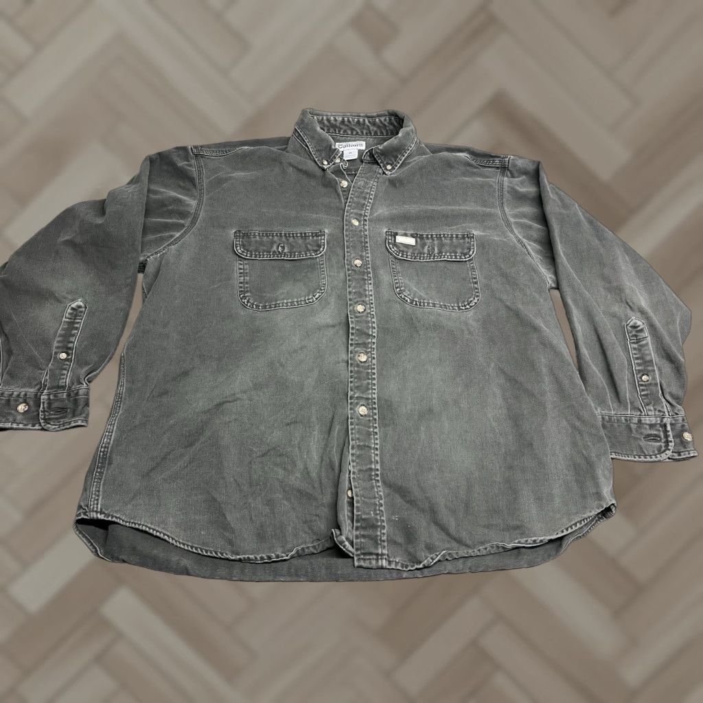 VINTAGE Carhartt Heavyweight Canvas Work Shirt Mens XL Moss Green Button-Up Long Sleeve Pockets Solid Casual Workwear Streetwear