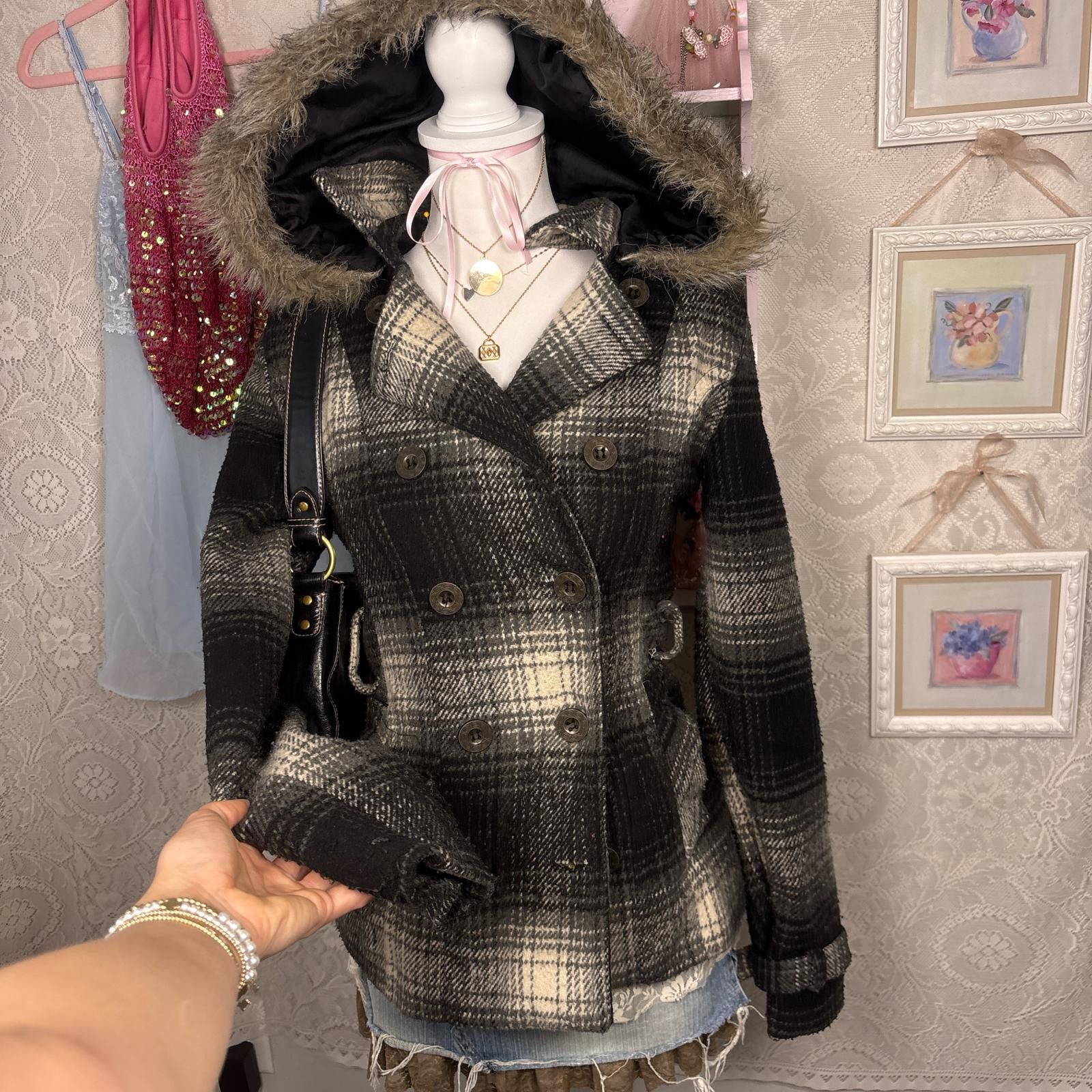 rue21 y2k fur hooded plaid jacket Size M / US 6-8 / IT 42-44 - 3 Thumbnail