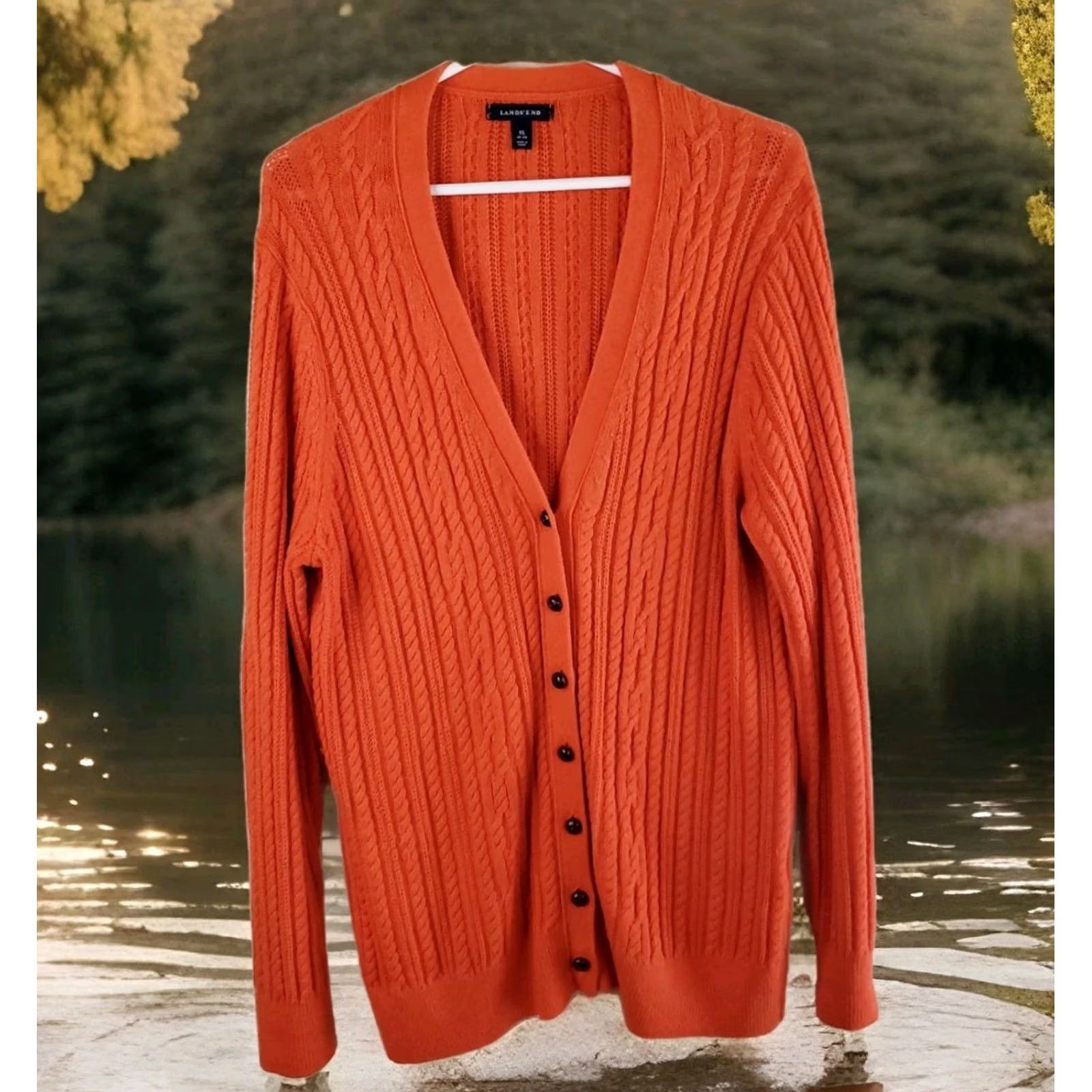 Lands' End Lands' End Women's XL Orange Cable Knit Cardigan Sweater Leather Look Buttons V-Neck Long Sleeve Knit Casual Fall Winter Spring Shirt/ Sweater Women Size XL / US 12-14 / IT 48-50 - 2 Thumbnail