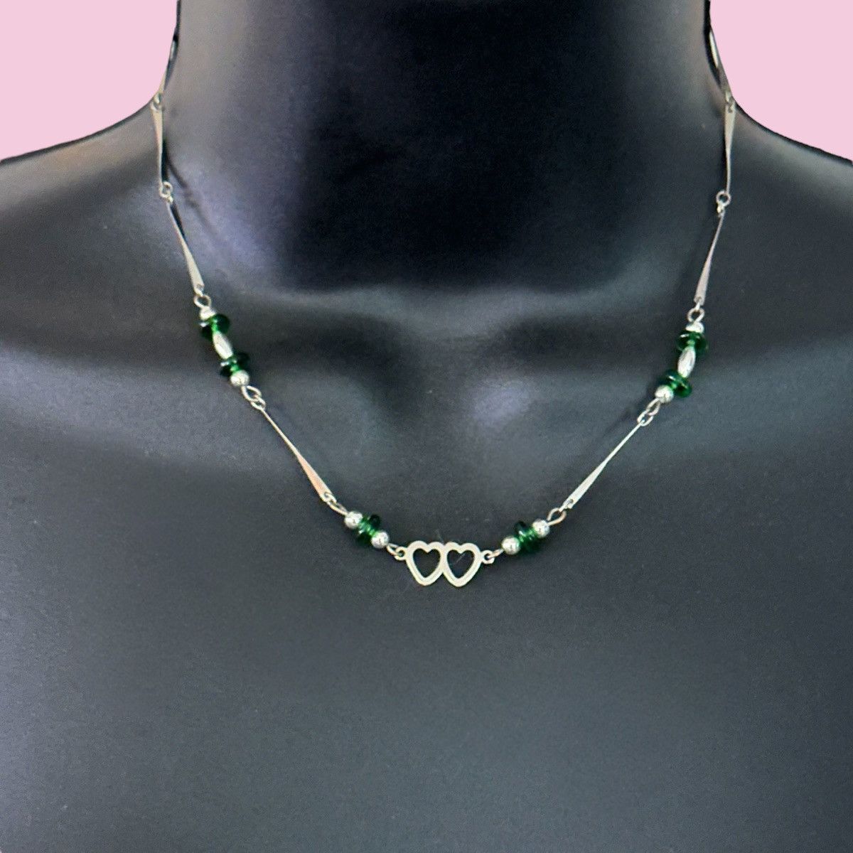 Vintage Vintage bar link station green bead double heart necklace Size ONE SIZE - 1 Thumbnail