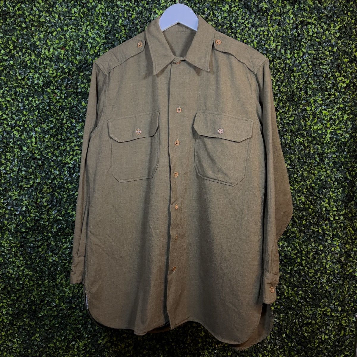 image of Military x Vintage 40S Ww2 Regulation Army Officer Wool Button Shirt in Khaki/Olive, Men's (Size XL