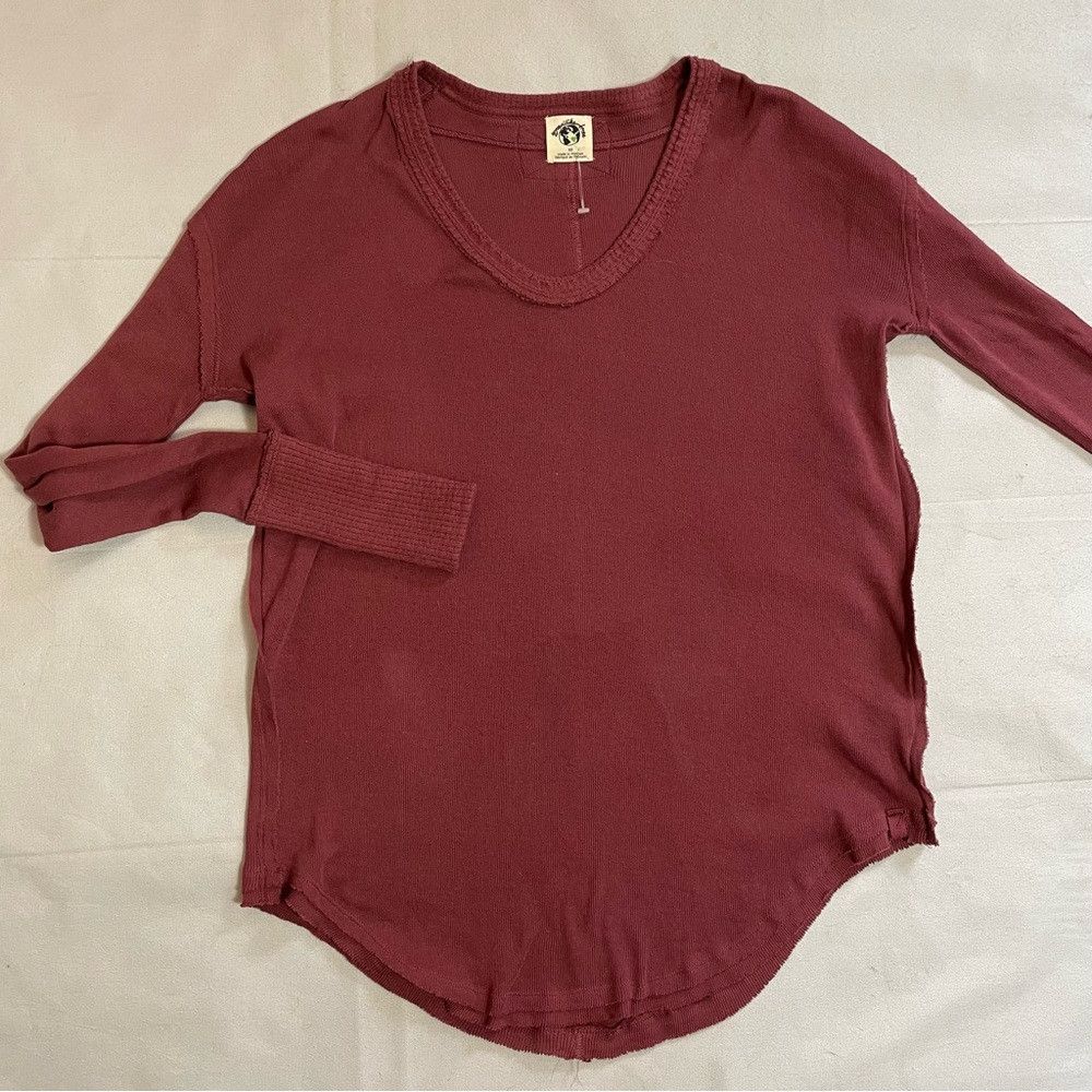 Free People New Free People Colby Raw Edge Long Sleeve Cotton Burgundy Size XS / US 0-2 / IT 36-38 - 6 Thumbnail