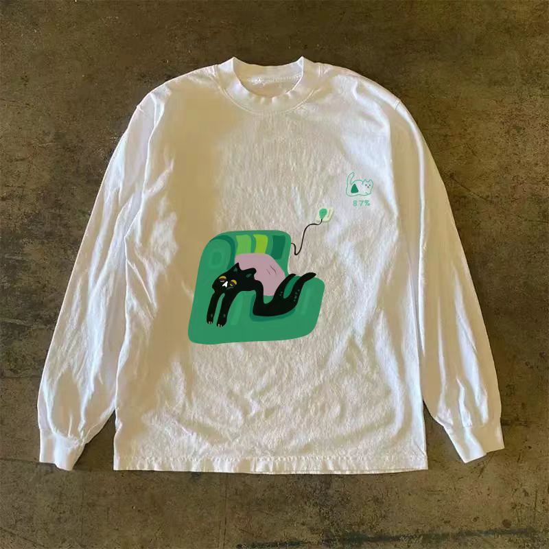 Vintage White casual retro kitten print long-sleeved cotton t-shirt Size US M / EU 48-50 / 2 - 1 Thumbnail
