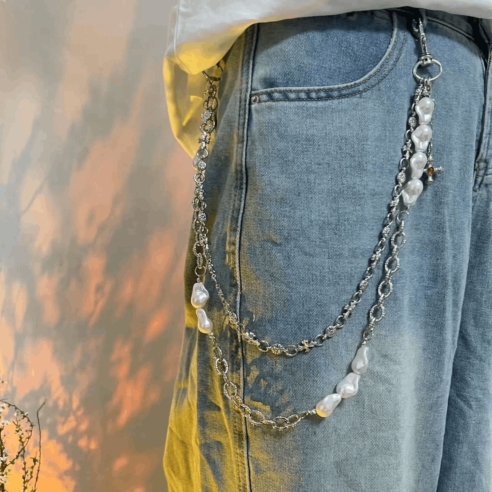 Jewelry Silver Chain with Pearl Accents, Men's Layered Wallet Chain Size ONE SIZE - 4 Thumbnail