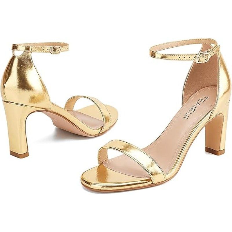 Other Teaieui Women's Size 6.5 Gold Open Toe Ankle Strap Heels Size US 6.5 / IT 36.5 - 3 Thumbnail