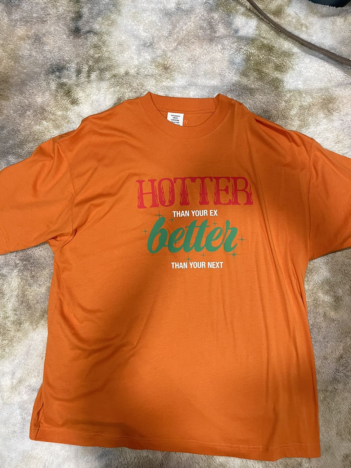 image of Vetements Hotter Than Your Exbetter Than Your Next T Shirt in Orange, Men's (Size Large)