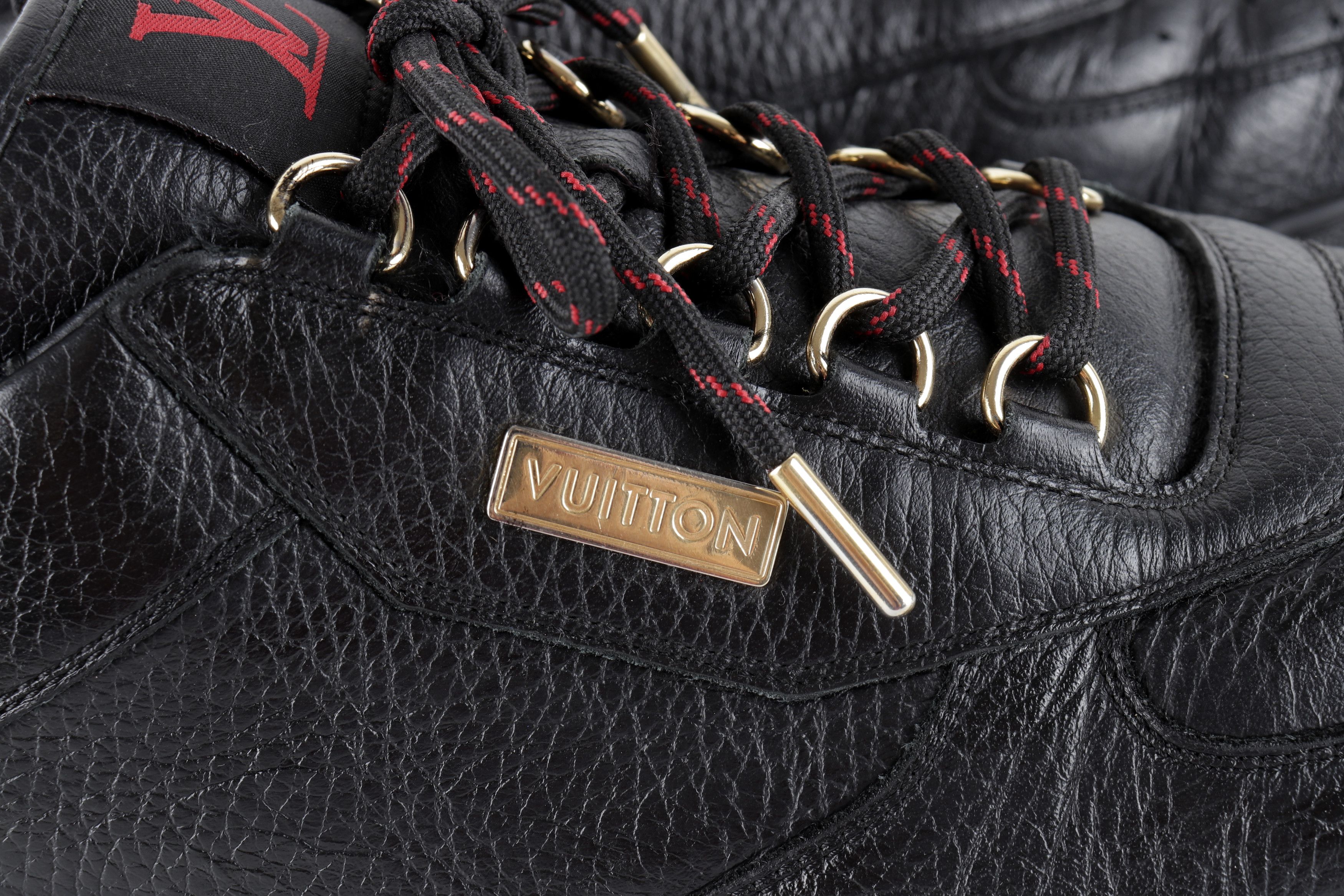 Louis Vuitton LOUIS VUITTON Black Leather Gold Hardware LV Logo Sneakers Size US 12 / EU 45 - 4 Thumbnail