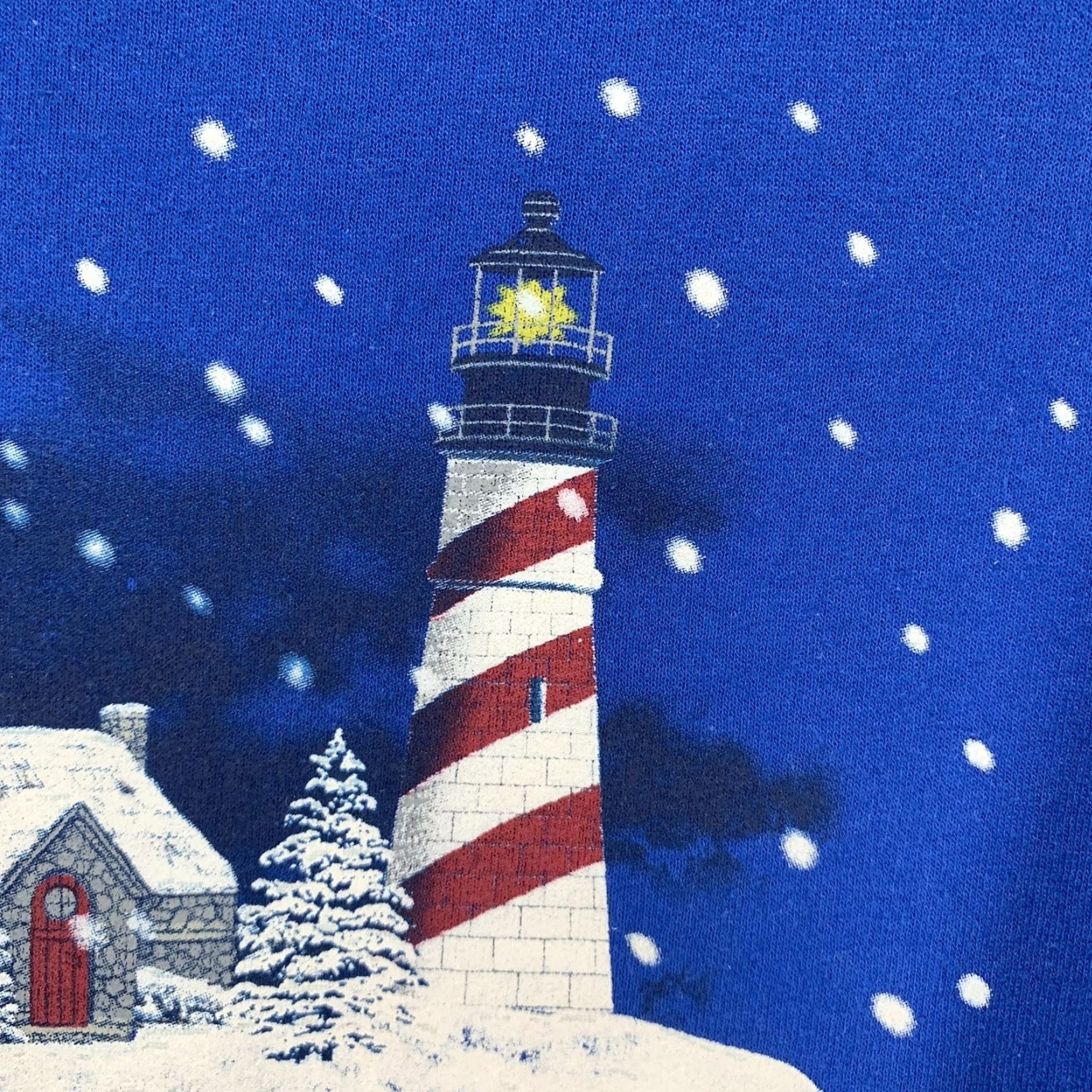 Vintage VINTAGE 90s Nautical Nature Lighthouse Winter Snow Fleece Sweatshirt Adult Small Unisex Blue Graphic Pullover Size US S / EU 44-46 / 1 - 4 Thumbnail