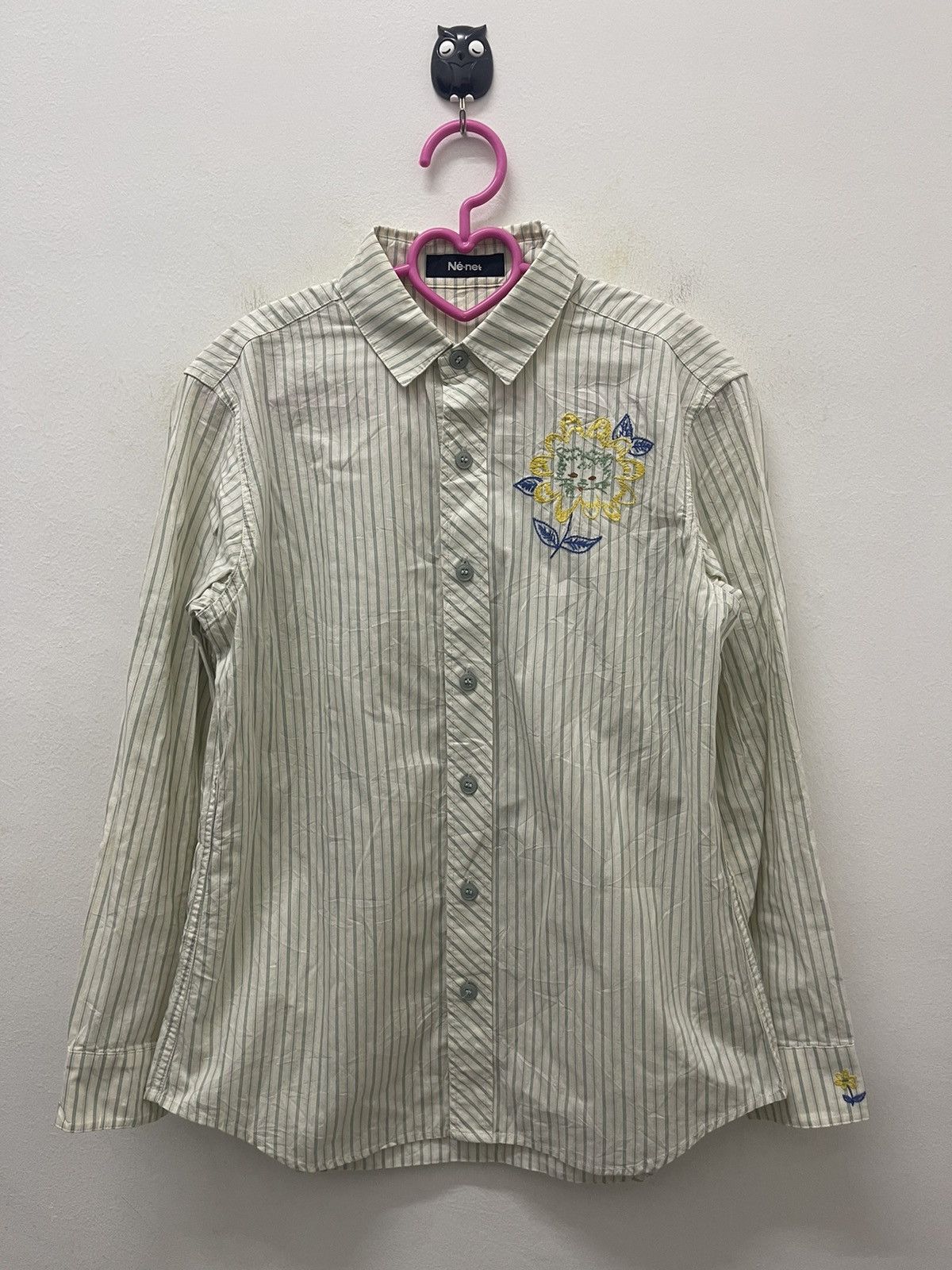 Image of Issey Miyake x Ne Net Vintage Ne-Net Embroidered Striped Button Up in White, Women's (Size Small)