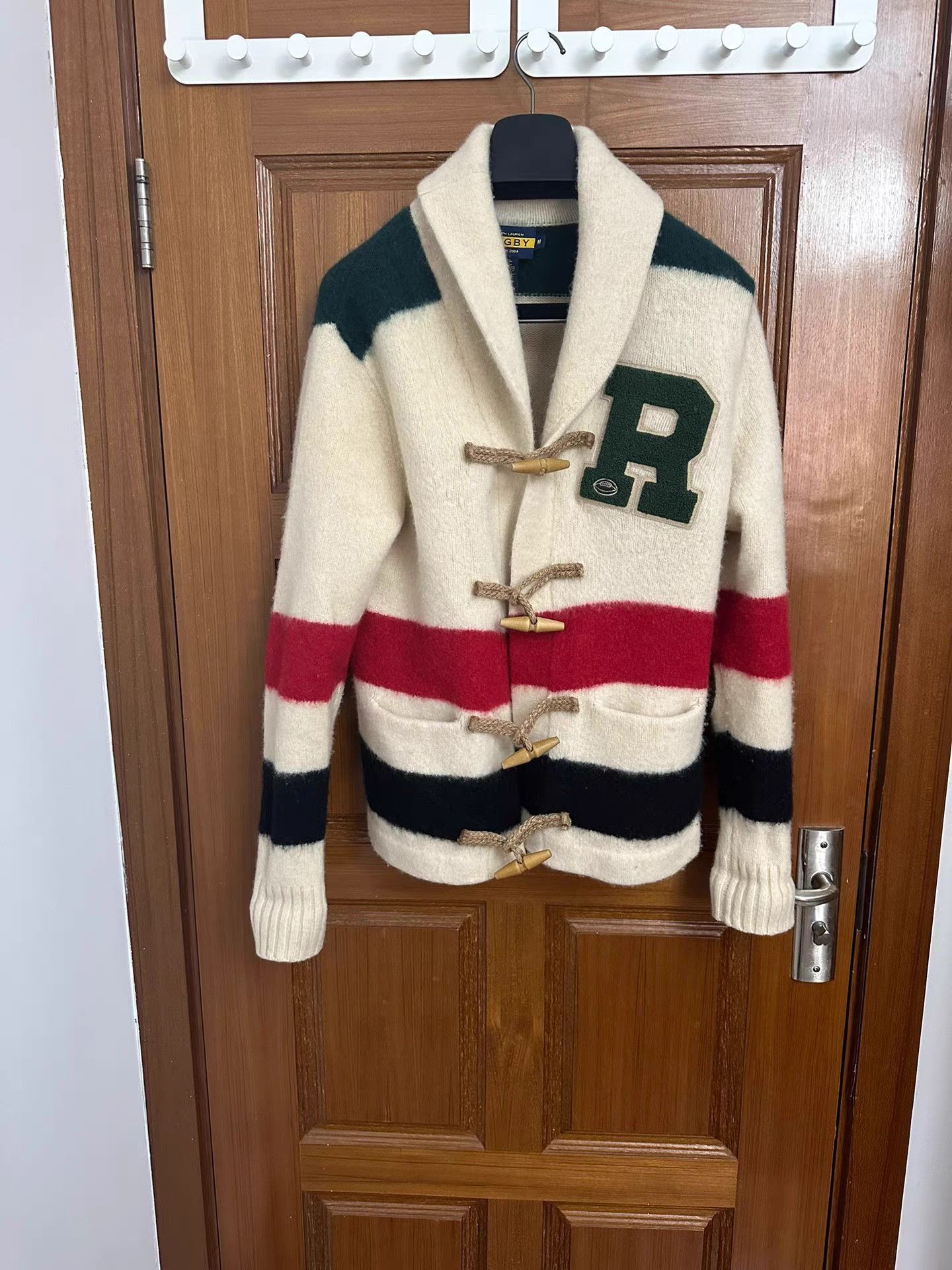 Ralph Lauren White Striped Toggle Button Sweater with 'R' Emblem Size US M / EU 48-50 / 2 - 1 Thumbnail