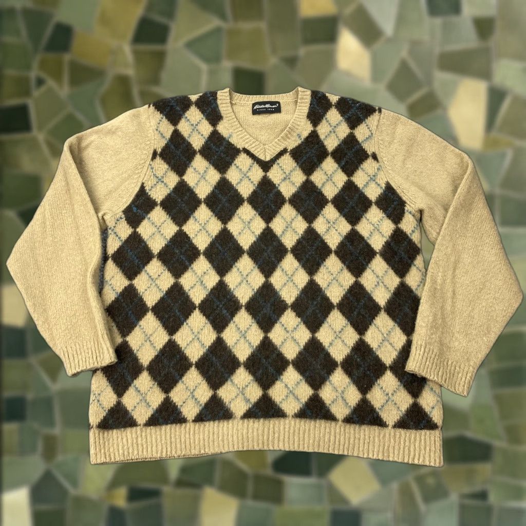 Eddie Bauer VINTAGE Eddie Bauer Sweater XL Beige Argyle V-Neck Knit Pullover 100% Wool Mens Size US XL / EU 56 / 4 - 1 Thumbnail