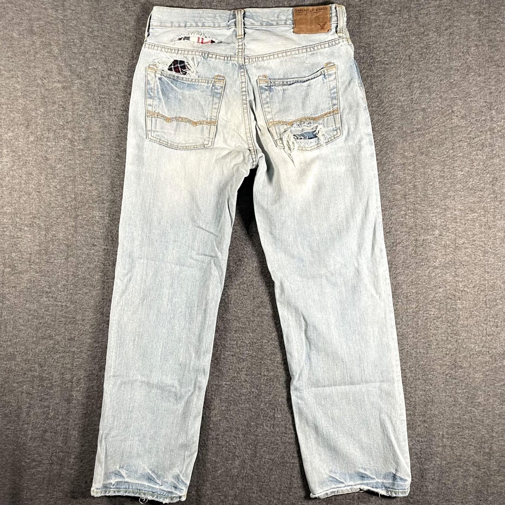 Vintage American Eagle Jeans Mens 29x29 Low Loose Relaxed Straight Distressed Blue Denim Pockets Distressed Plaid Patch Y2K Thrash Live Your Life Mens Jeans Size US 29 - 3 Thumbnail