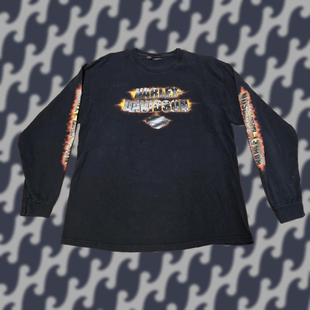 VINTAGE Harley-Davidson Shirt Mens XL Black Long Sleeve Flame Stock's 2007 Biker