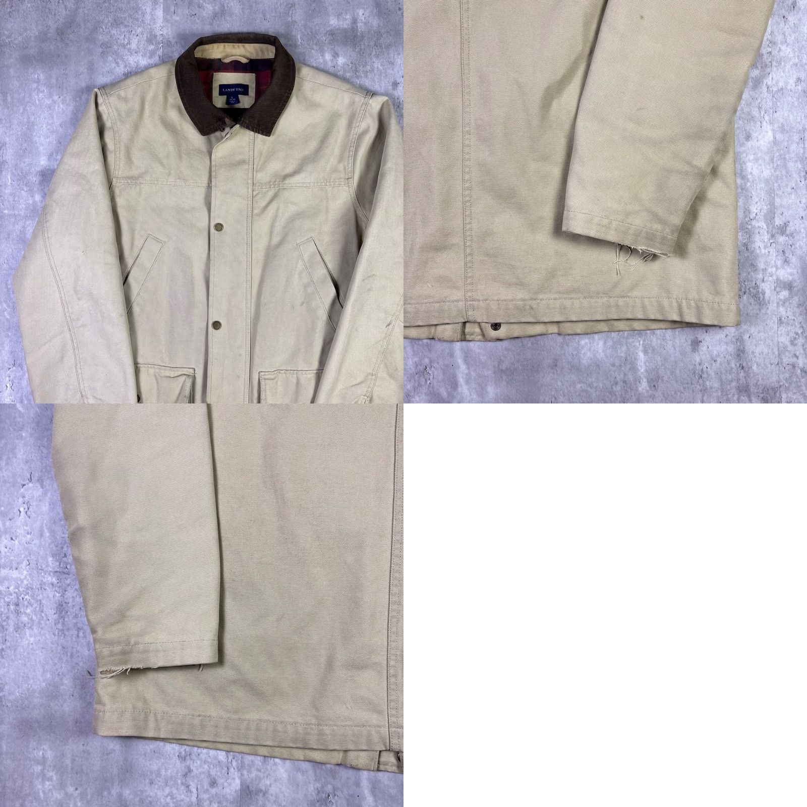Lands' End Lands' End Mens Large Barn Coat Tan Canvas Corduroy Collar Plaid Lined Field Jacket Military Style Casual Workwear 90s Preppy Mens jackets Size US L / EU 52-54 / 3 - 8 Thumbnail