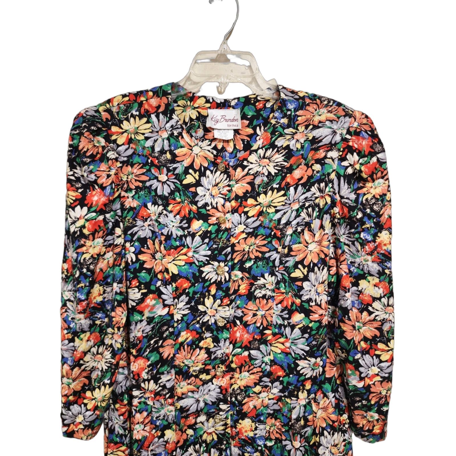 VINTAGE Kay Brandon Floral Print Midi Dress Sz 18 Casual 1980s Cotton Multi-Color Art Deco Womens