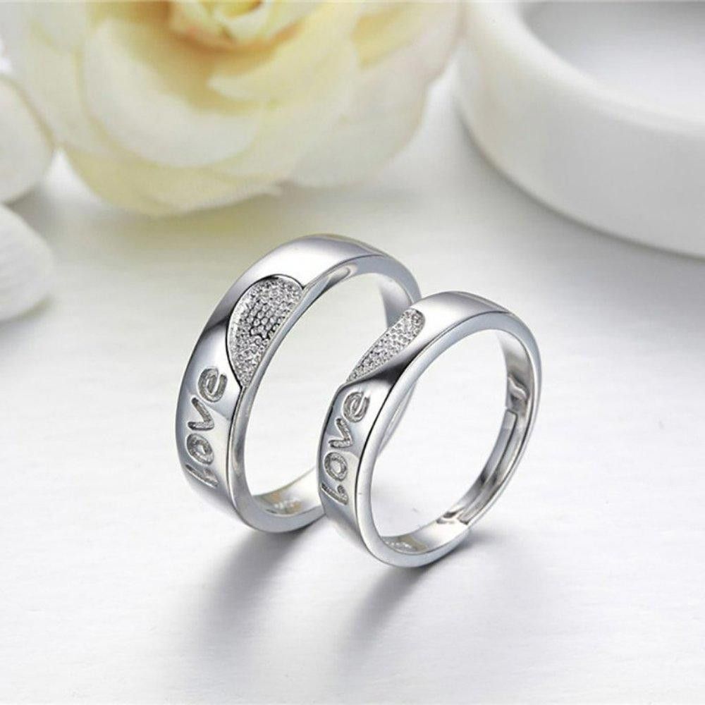 Designer 2pcs Sterling Silver Matching Heart Love Open Couple Rings Size ONE SIZE - 2 Thumbnail