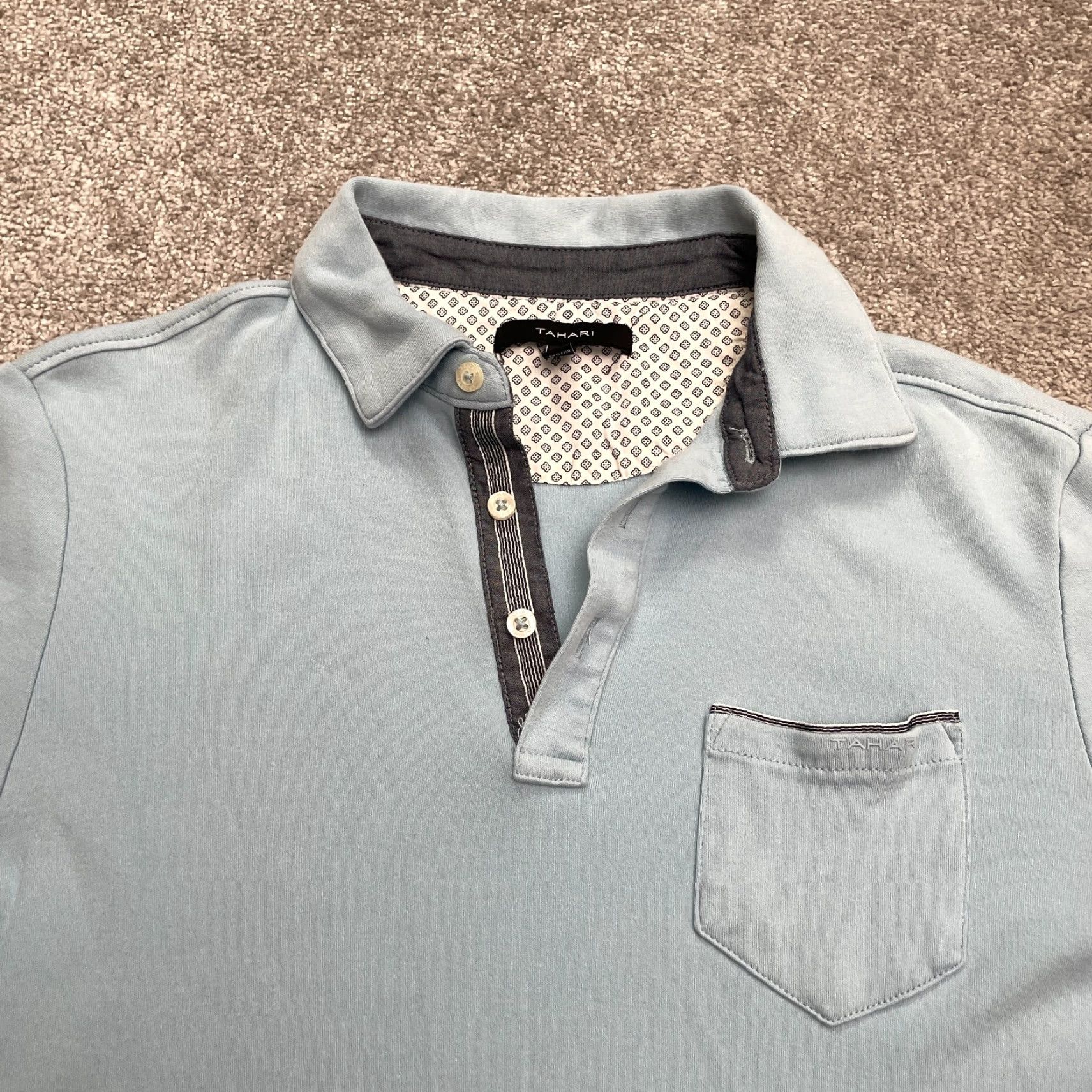 Vintage Tahari Polo Shirt Mens Medium Light Blue Pique 100% Cotton Short Sleeve Pocket Classic Golf Dress Shirt Mens M Blue Size US M / EU 48-50 / 2 - 4 Thumbnail