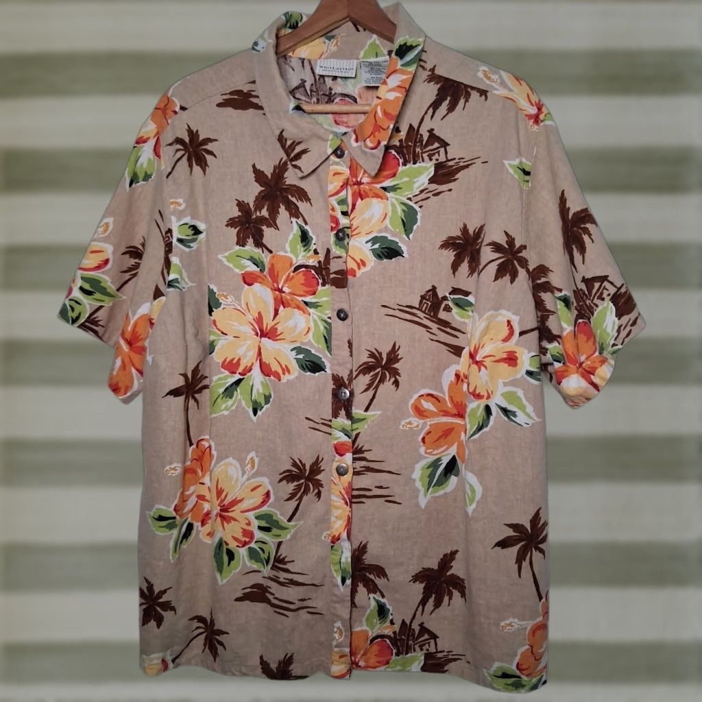 Vintage VINTAGE? White Stag Womens Plus Size Shirt 22 24 Brown Linen Blend Hawaiin Beach Hibiscus Size 3XL / US 20-22 - 1 Thumbnail