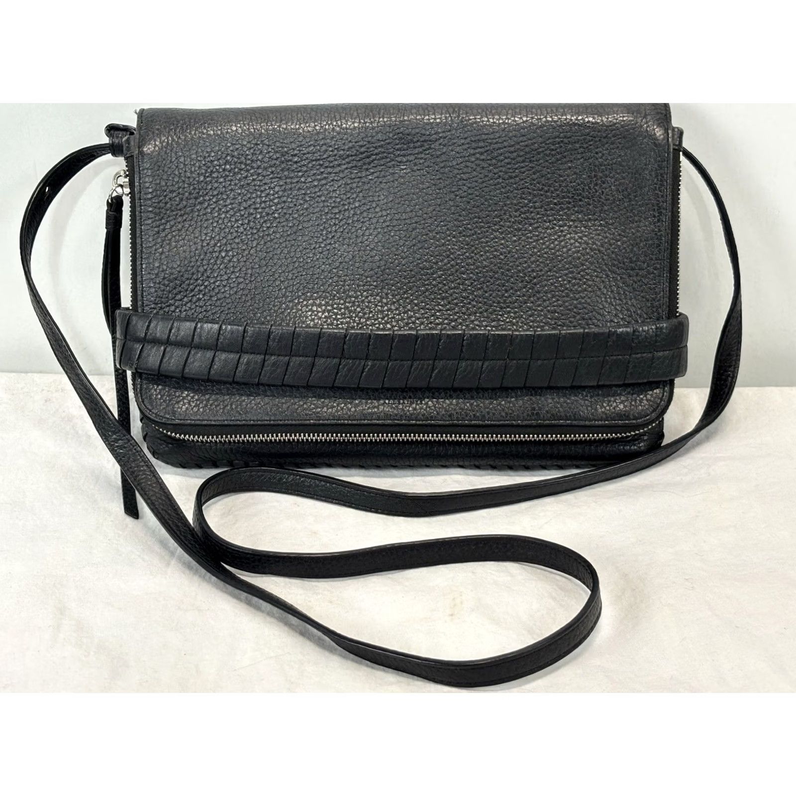 Allsaints AllSaints Club Clutch Crossbody Purse Bag Black Pebbled Leather Fold Over Small Women Size ONE SIZE - 2 Thumbnail