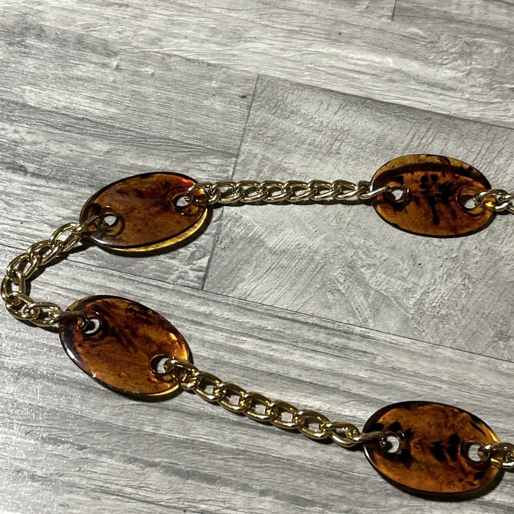 Vintage Tortoise Shell Chain Belt Women Brown Metal Shells Gold Chain Link Hook And Loop 43” Size ONE SIZE - 2 Thumbnail