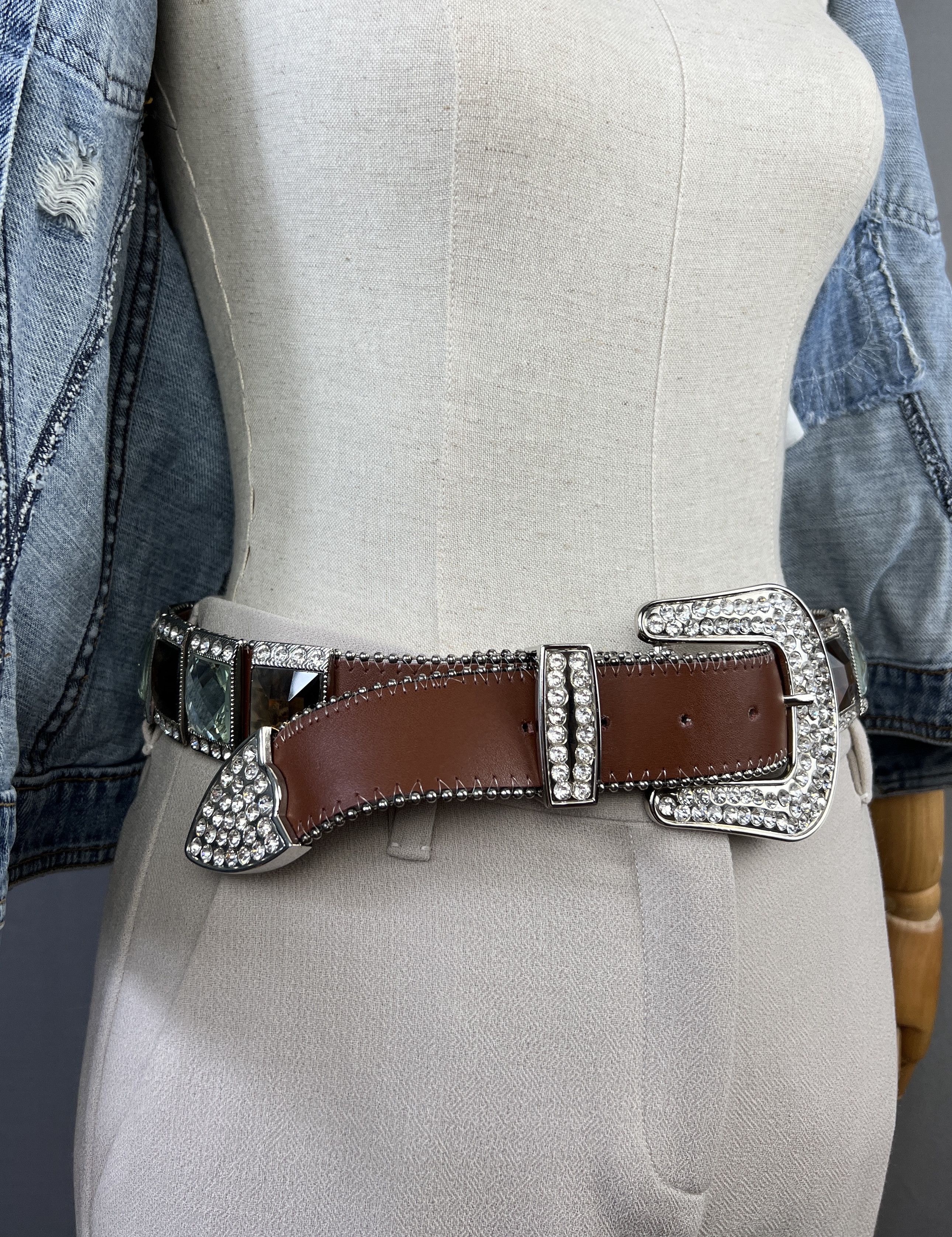 Vintage Y2K Heavy Rhinestones Crystals Leather Belt BB Simon Style Size ONE SIZE - 8 Thumbnail