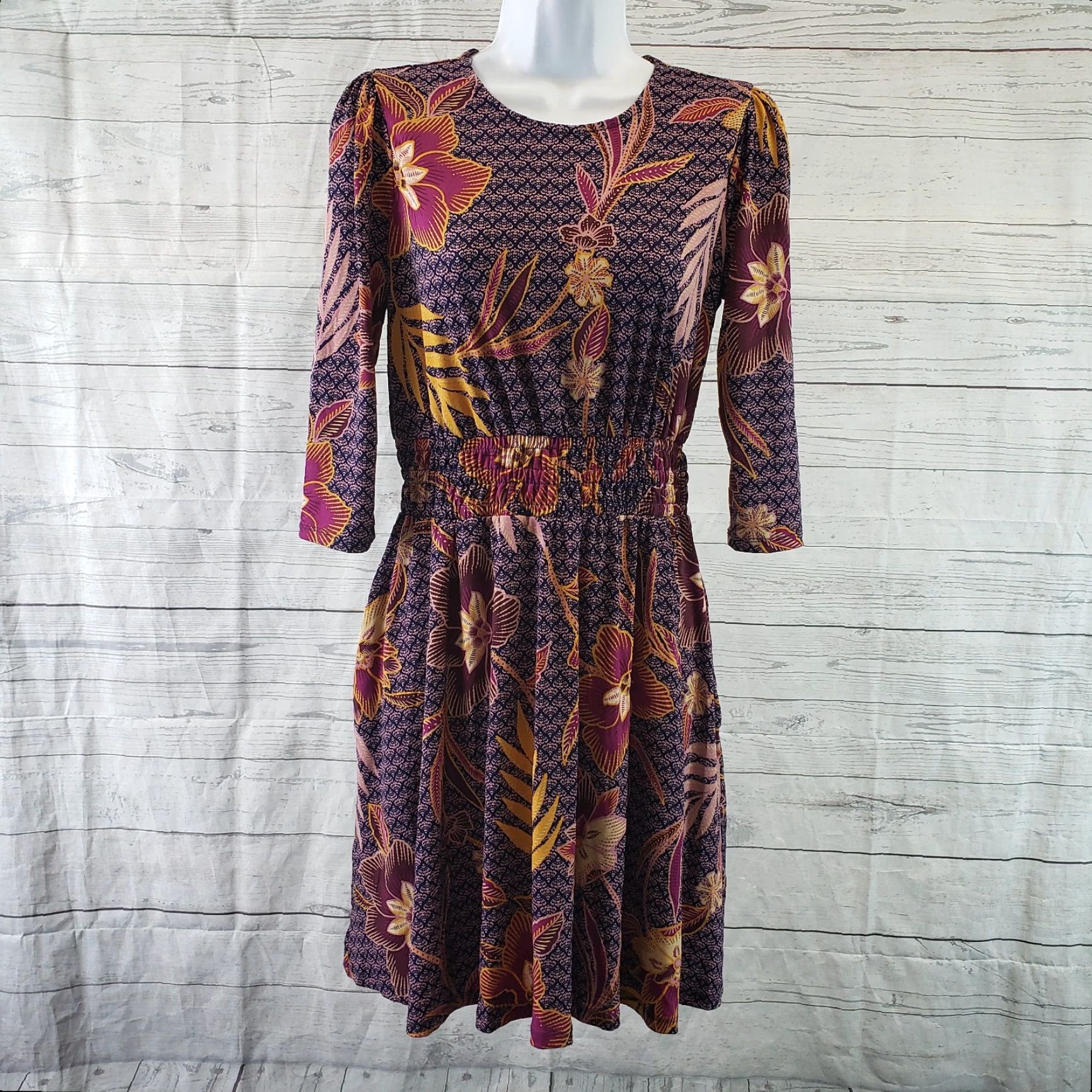 Vintage Wisp Dress Womens 4P Short Floral Smocked 3/4 Sleeve Purple Blue Fit & Flare Size S / US 4 / IT 40 - 2 Thumbnail
