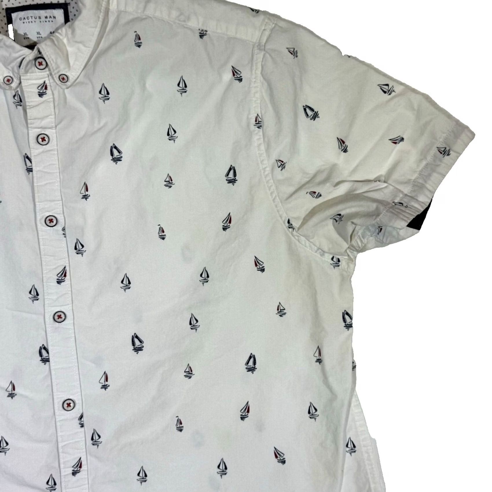 Vintage Cactus Man Shirt XL White Boat Print Slim-Fit 100% Cotton Button-Down Mens Size US XL / EU 56 / 4 - 5 Thumbnail
