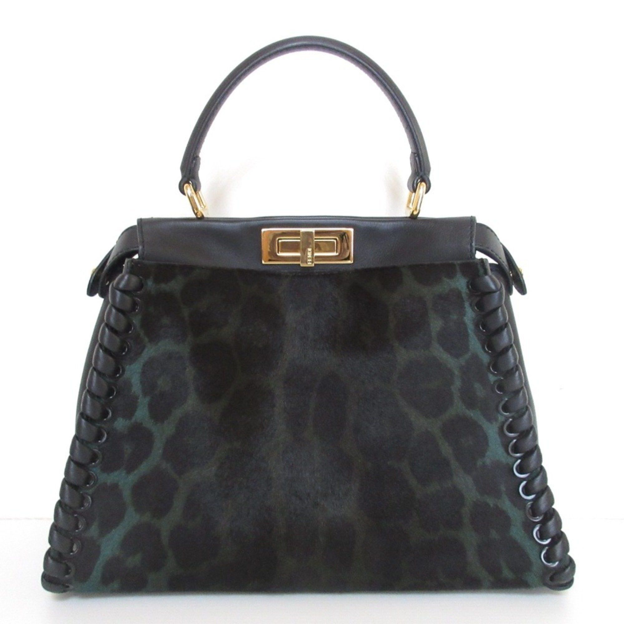 Fendi Peekaboo Medium Leather Pony 2Way Shoulder Bag Handbag 8Bn290 Black Women's