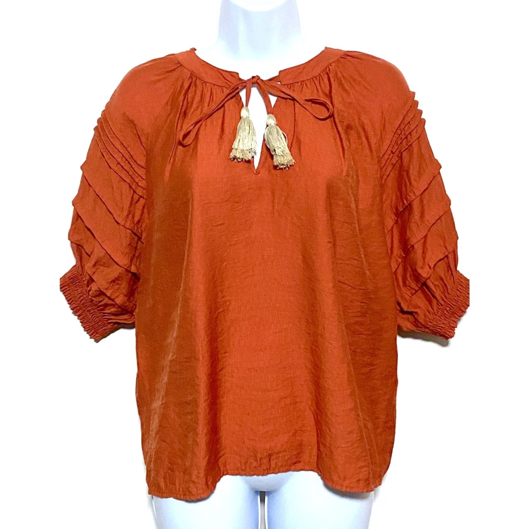 Vintage THML Blouse Womens S Orange Tassel Tie Neck Boho Hippie Peasant Flowy Earthy Size S / US 4 / IT 40 - 2 Thumbnail