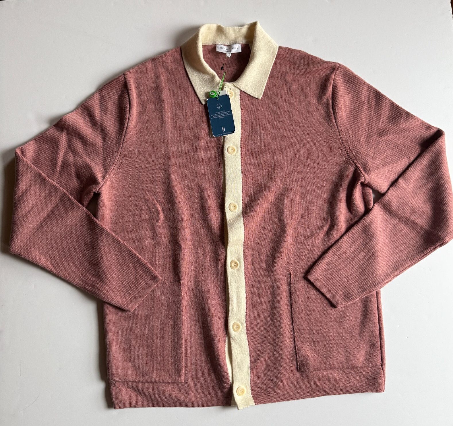 Richard James Richard James Savile Row Merino Wool Cardigan - Pink & Cream Size US L / EU 52-54 / 3 - 1 Thumbnail