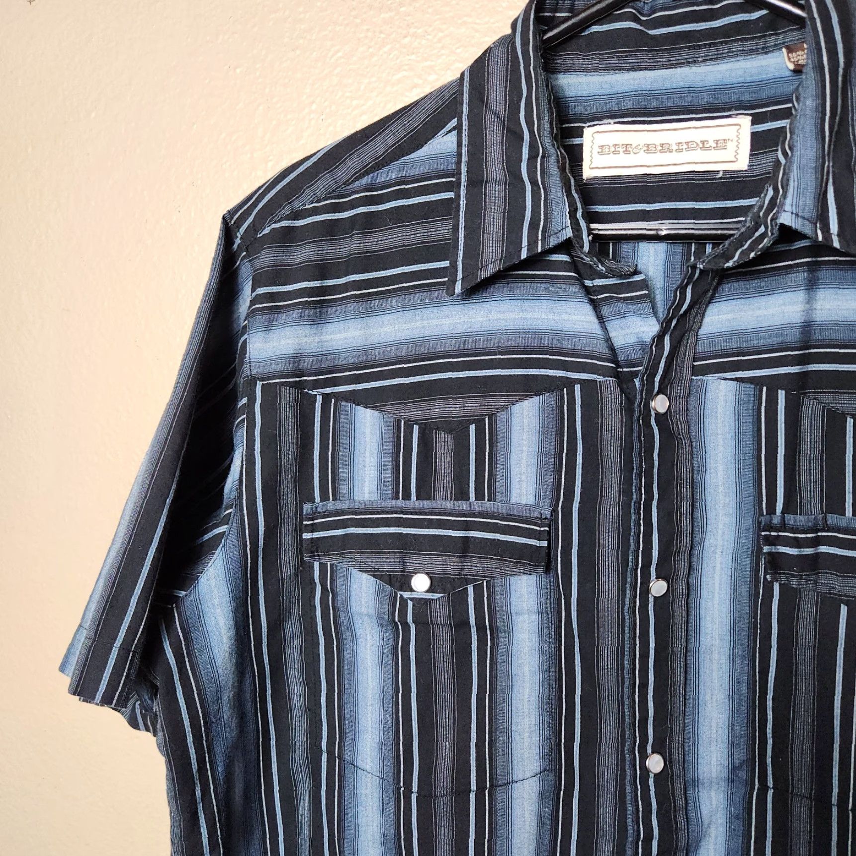 Vintage VINTAGE Bit & Bridle Mens |L| Gray/Black Striped SS Pearl Snap Western Shirt Size US L / EU 52-54 / 3 - 2 Thumbnail