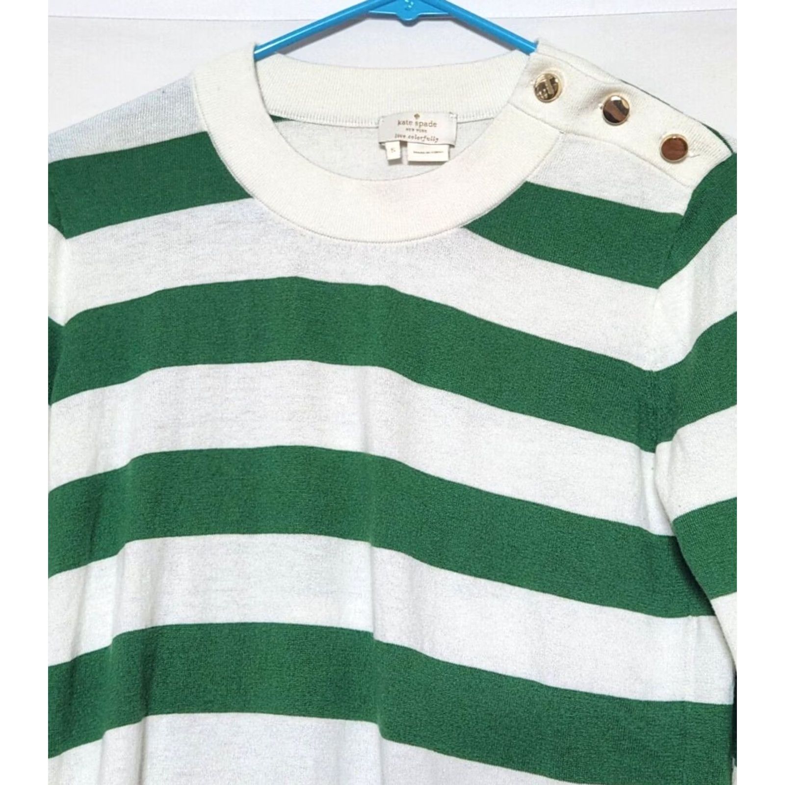 Vintage Kate Spade Womens S Sweater Striped 3/4 Sleeve Crew Neck Green White Cashmere Blend Knit Pullover Size S / US 4 / IT 40 - 3 Thumbnail