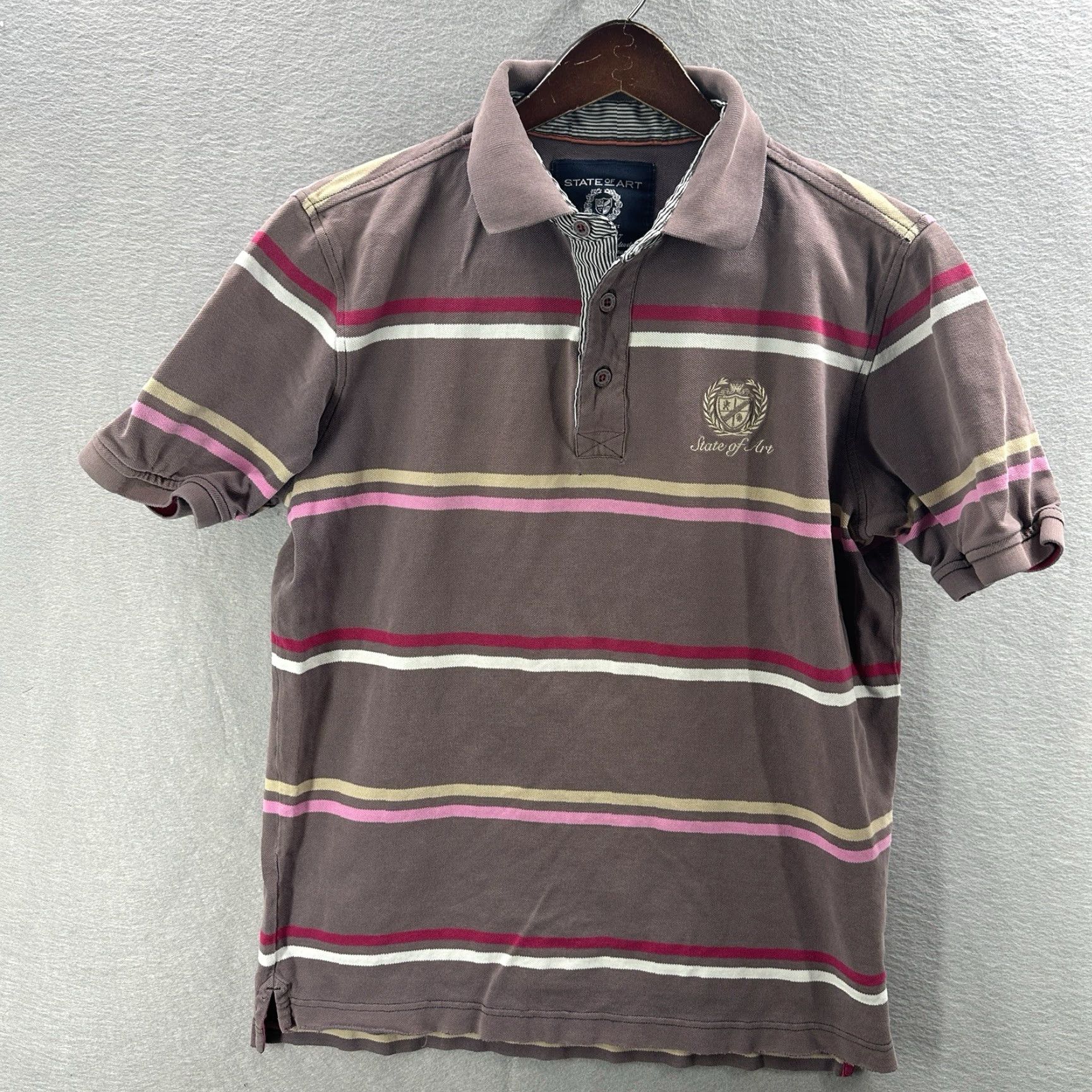 Vintage State of Art Polo Shirt Mens M Short Sleeve Striped Cotton Pique 100% Cotton Polo Shirt Men M Brown Vintage No N/A Size US M / EU 48-50 / 2 - 2 Thumbnail